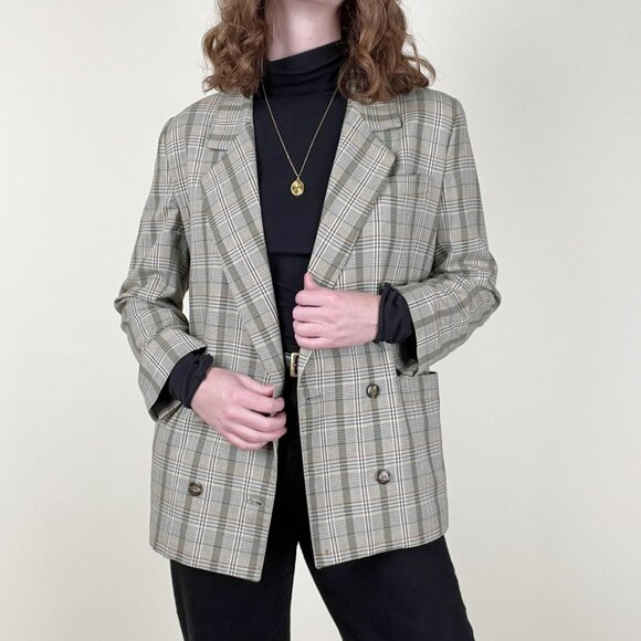 Vintage Plaid Double Breasted Oversized Blazer Jacket Pea Coat Preppy Long Light - Picture 6 of 6